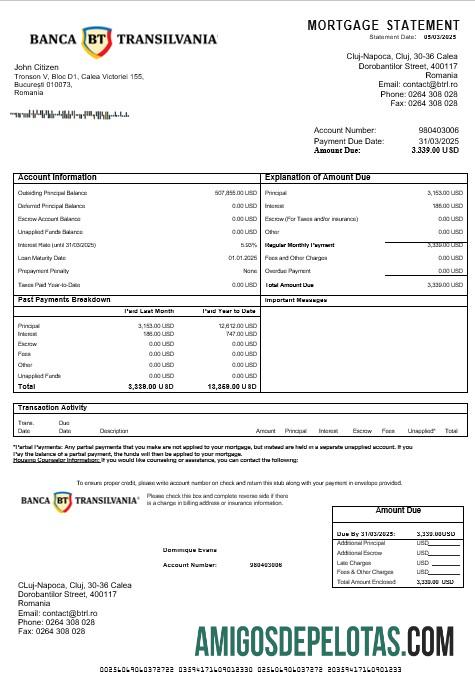 Declaração de hipoteca do Banca Transilvania da Romênia em formatos Word e PDF exemplo